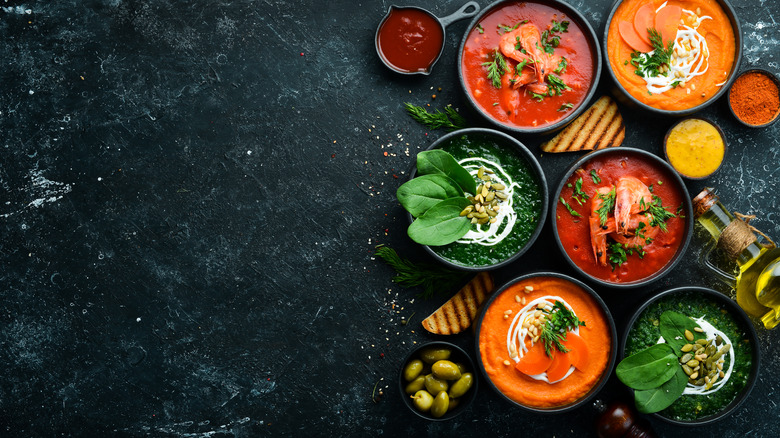 different color soups in bowls