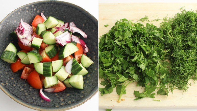 chopped veggies and herbs