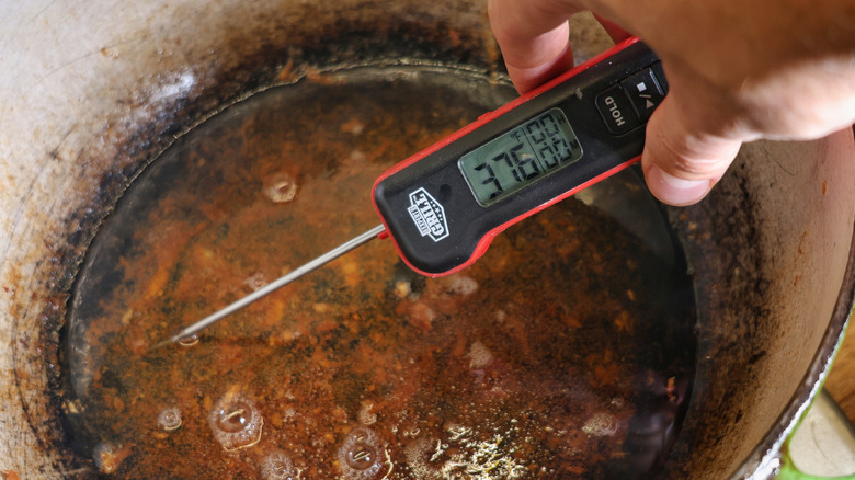 Hand holding thermometer reading 376 degrees in pot of oil