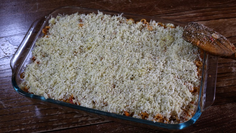 baking dish of pasta topped with breadcrumbs