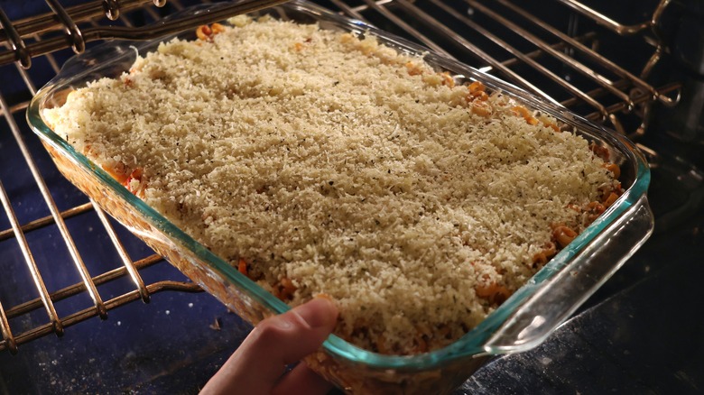 baking dish going into oven