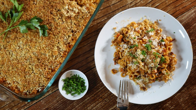 plate and baking dish of anelletti al forno