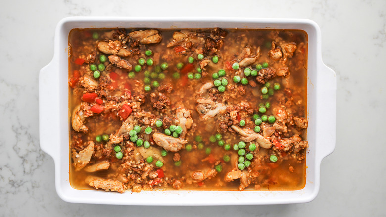 broth and peas in casserole 