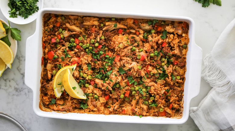 chicken paella casserole with lemons