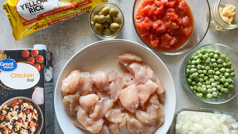 ingredients for Spanish yellow rice and chicken 