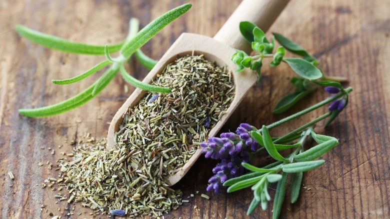 herbs and lavender on table