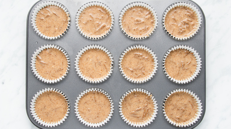 bran muffin batter in tin 