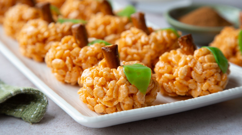 Rice Krispie pumpkins on plate