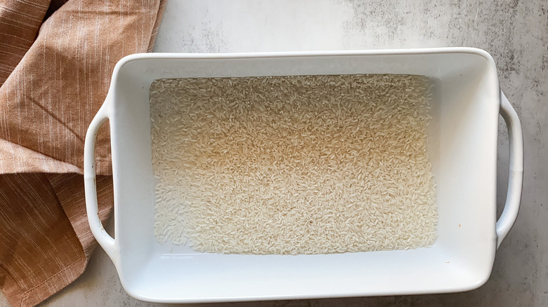 rice in baking dish 