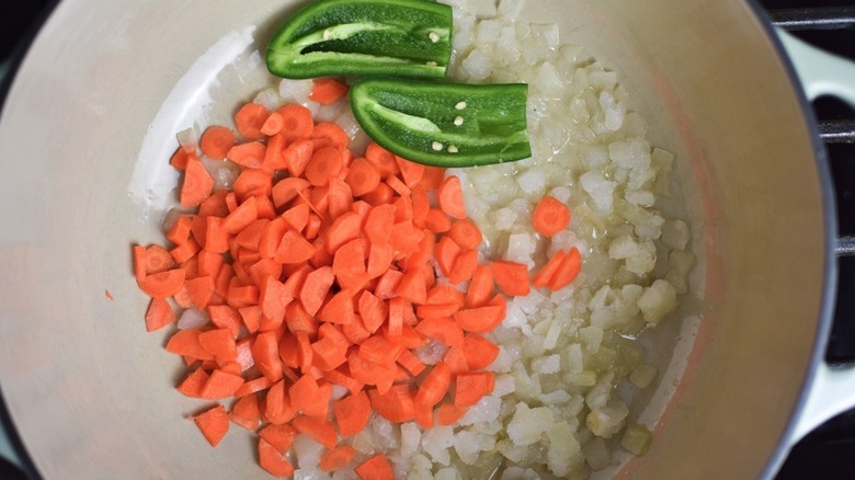 veggies cooking in large pot