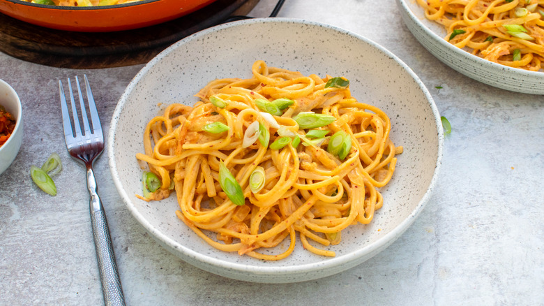 kimchi pasta in bowl