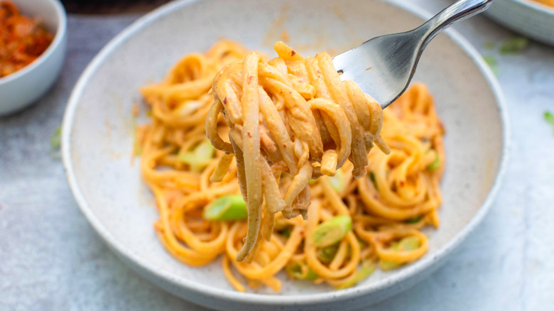 closeup spicy kimchi pasta