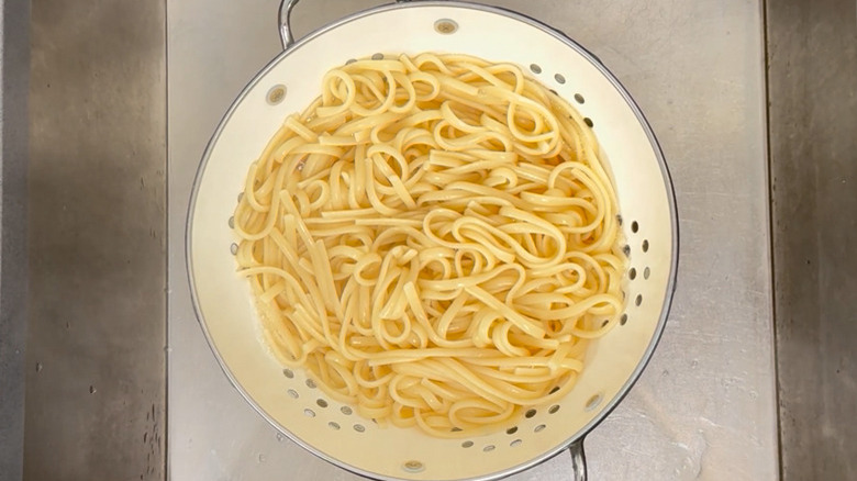 pasta draining in colander