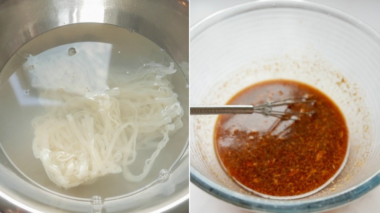 rice noodles, sauce in bowls