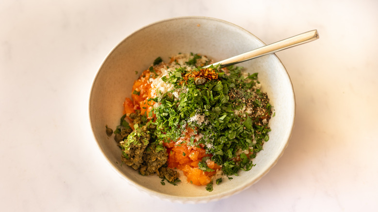 salmon burger ingredients in mixing bowl 