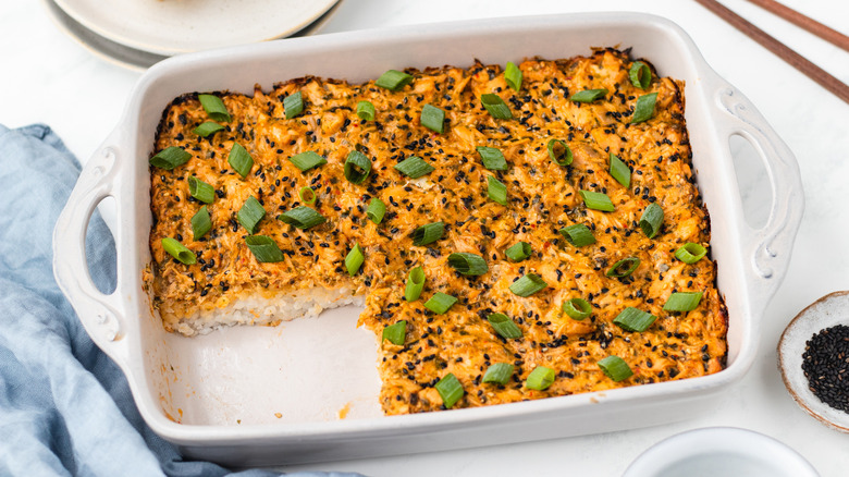 Salmon sushi bake in baking dish