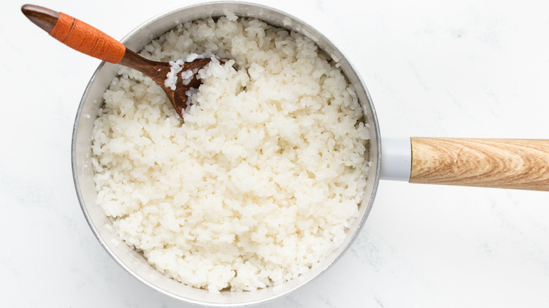 Cooked sushi rice in saucepan