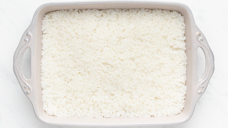 Sushi rice in baking dish