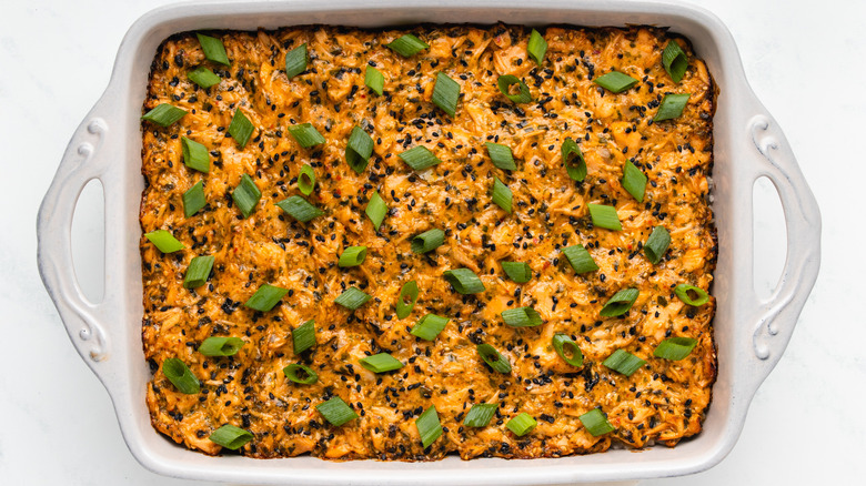 Salmon sushi bake in baking dish