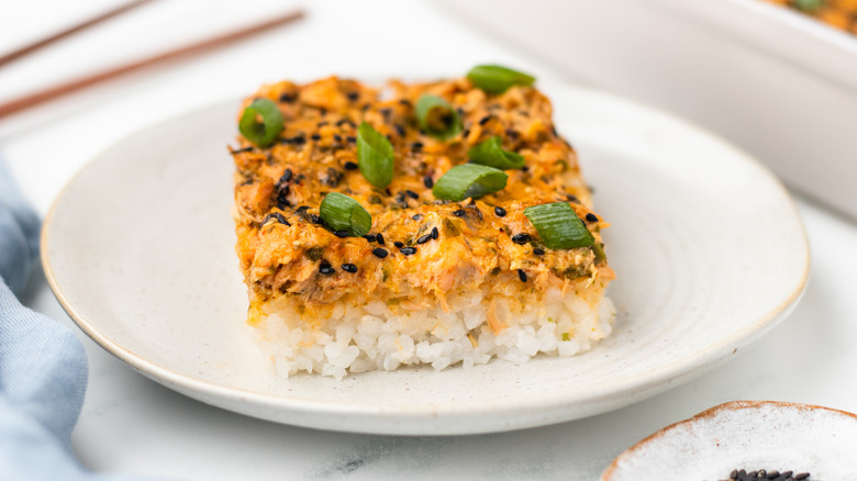 Salmon sushi bake portion on plate