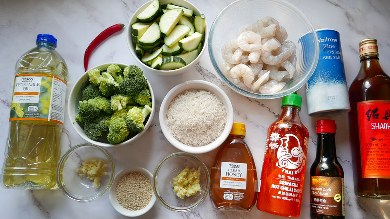 shrimp bowl ingredients on counter 