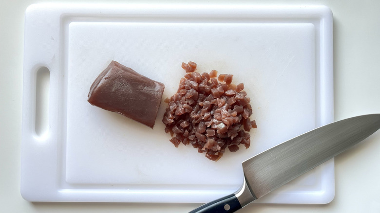 chopped tuna on cutting board