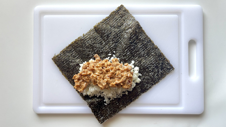 rice and tuna on nori sheet