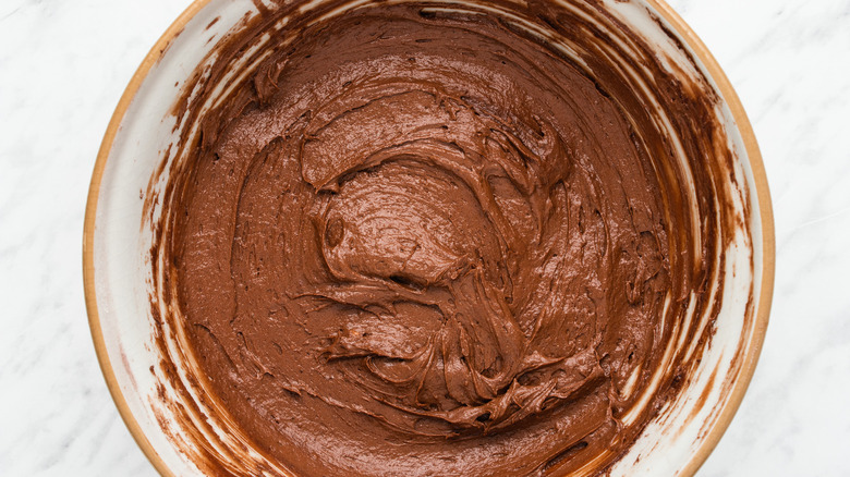 chocolate cake batter in bowl 