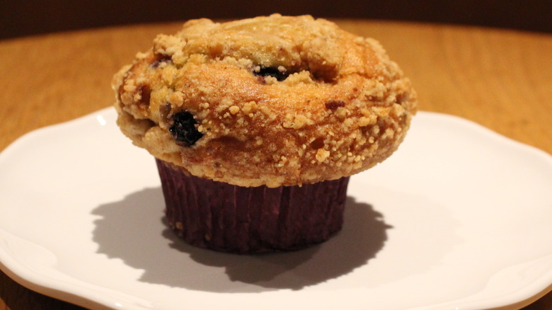 Closeup of blueberry muffin with streusel topping