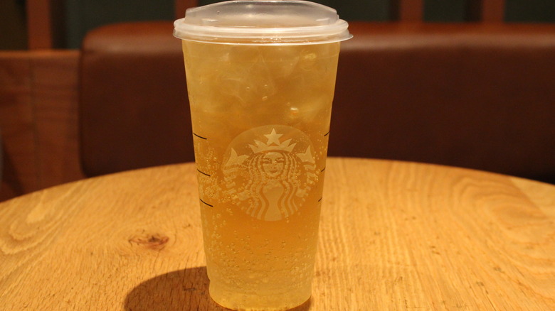 Closeup of Starbucks Iced Energy Tropical Citrus beverage