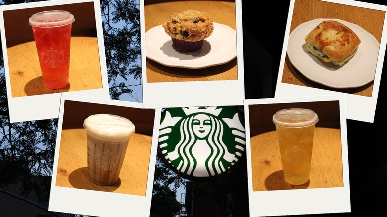 Starbucks logo collaged with food and drinks