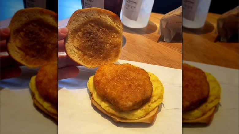 Inside of Starbucks Chicken, Maple Butter & Egg Sandwich