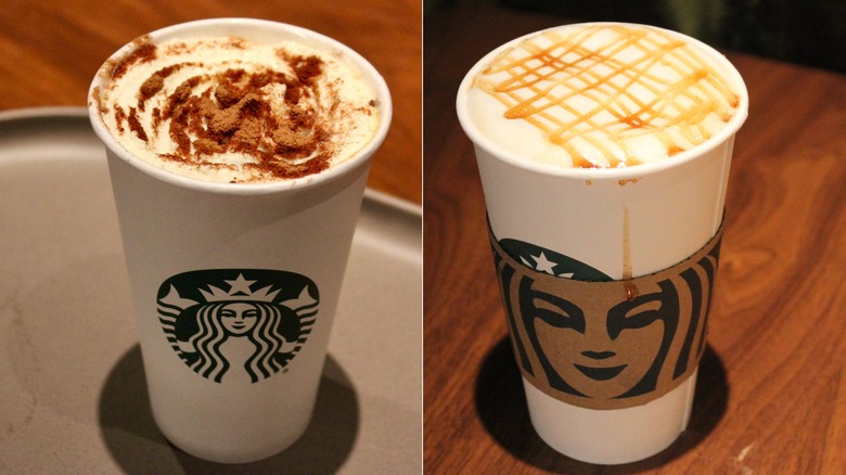 Split image of Starbucks Pumpkin Spice latte and caramel apple drink