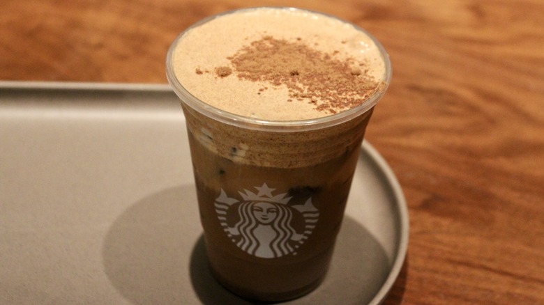 Closeup of Starbucks iced drink with cold foam