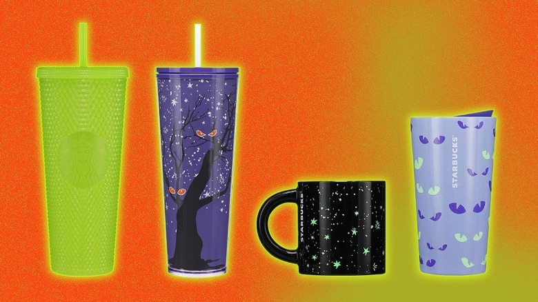 A line of Halloween-themed Starbucks cups