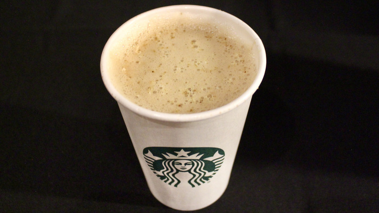 Overhead view of Pecan Crunch Oatmilk Latte from Starbucks