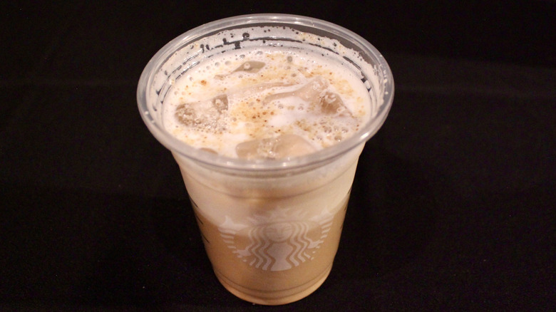 Closuep of Starbucks Iced Pecan Crunch Latte