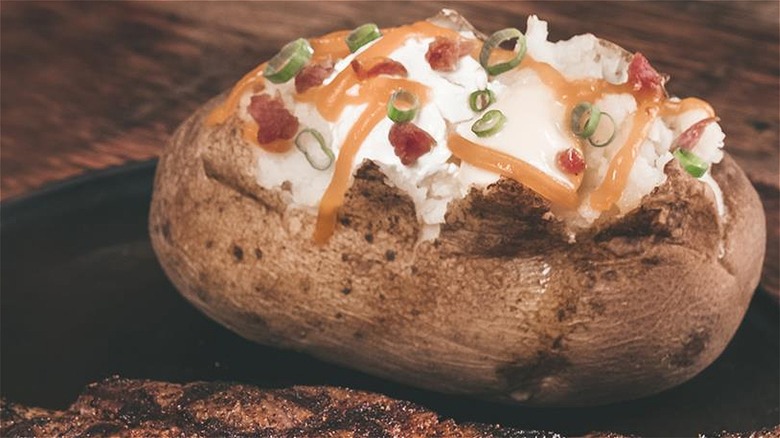 Loaded baked potato at restaurant