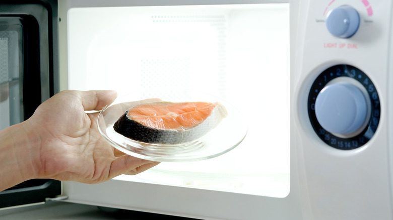 Microwave oven with salmon 