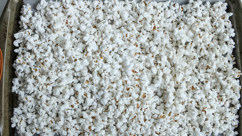 popcorn on baking sheet