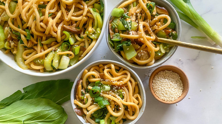 stir-fried udon noodles in bowl 