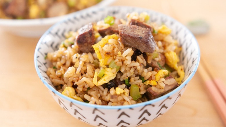 steak, eggs, and rice