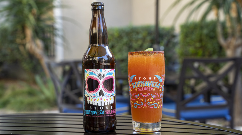 new Stone Brewing lager and michelada in glass