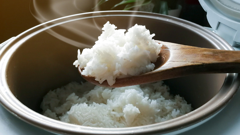 Cooked rice on a spoon and in a cooker.