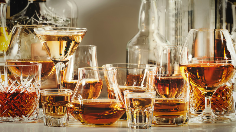 whiskey bourbon in variety of glasses