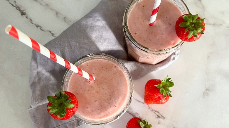 overhead view of strawberry smoothies