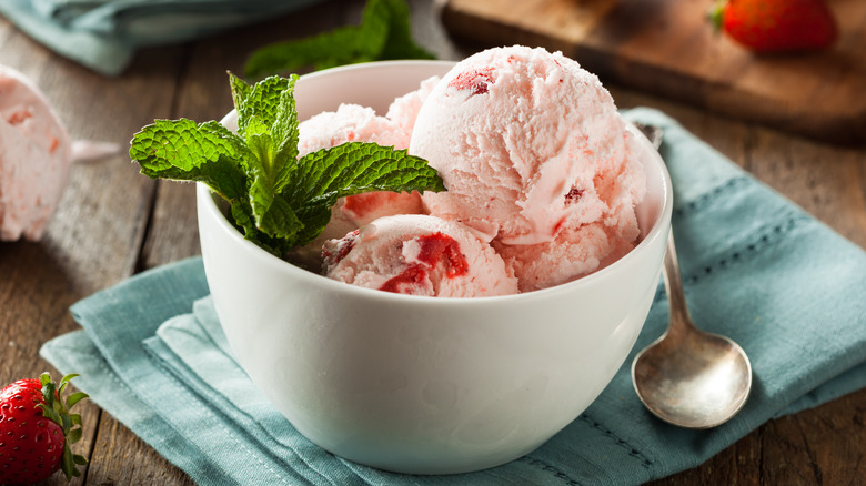 Bowl of strawberry ice cream