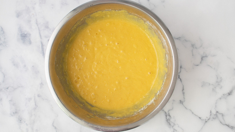 cake batter in metal bowl