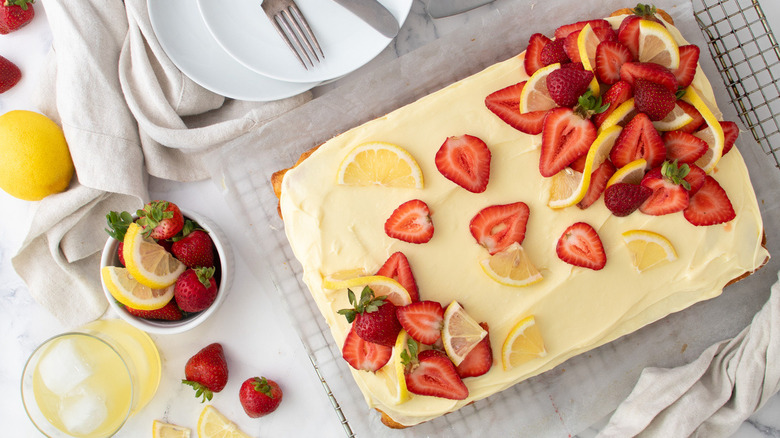 strawberry lemon cake on rack