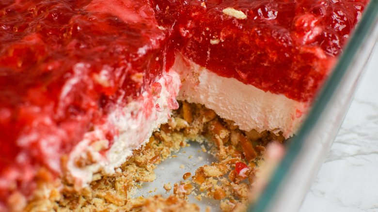 strawberry pretzel salad on plate 